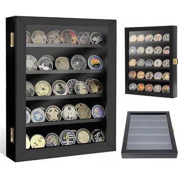 Obal pro sběratelský předmět UZAMYKATELNÁ DŘEVĚNÁ VITRÍNA NA MINCE VINTAGE S 5 POLICEMI A PRŮHLEDNÝM VÍKEM