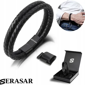 Náramek Pánský kožený náramek [Dvojitý] Černý