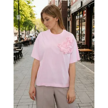 Dámská móda Sinsay - Bavlněné tričko s 3D aplikací - pastelová růžová - 670FG-03X - 670FG-03X-S
