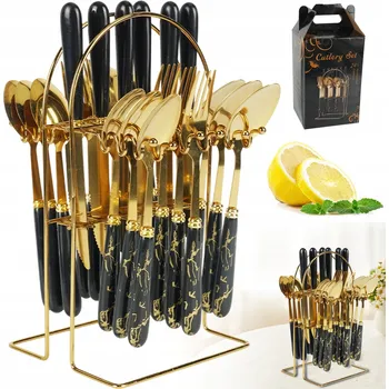 Příbor SADA PŘÍBORŮ 24 KS. OCEL ČERNÉ ZLATÉ ZRCADLOVÝ LESK STOJAN