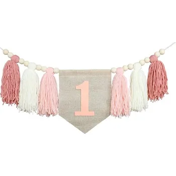 Party dekorace První narozeniny boho dekorace | dětská girlanda, narozeninová výzdoba - růžová vlajka