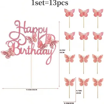 Party dekorace 3d motýlky na dort | dekorace dortu 13 ks - Růžový