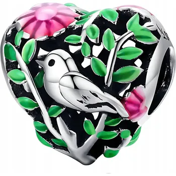 Přívěsek Přívěsek CHARMS STŘÍBRO 925 Srdce Pták Květiny Lístky Smaltovaný Příroda Pták