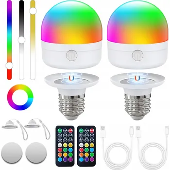 Žárovka 2x Přenosná magnetická LED žárovka E27 CCT RGB USB-C s dálkovým ovládáním, 7 W