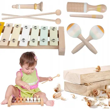 Dřevěná hračka DŘEVĚNÉ HUDEBNÍ NÁSTROJE EDUKAČNÍ SADA MONTESSORI 6 KUSŮ