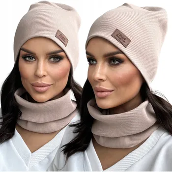 Čepice Dámský komplet čepice nákrčník béžový univerzální