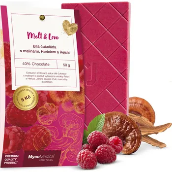 MycoMedica Bílá čokoláda s malinami, Hericiem a Reishi 50 g