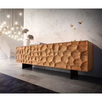 Televizní stolek DELIFE TV stolek Solu 175 cm akácie přírodní 2 dvířka 2 zásuvky závěsná kovová podnož černá 3D přední panel