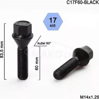Šroubek na kolo Kolový šroub M14x1,25x60mm, dosedací plocha kužel, klíč 17, černý (Šroub na kola)