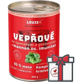Krmivo pro psa Louie konzerva vepřové se špenátem a prebiotiky SET 4x 400 g + Louie vývar 400 g ZDARMA