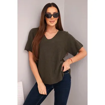 Dámské oblečení Dámská svetr s krátkým rukávem a výstřihem do V khaki UNI