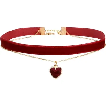 Náhrdelník Sametový choker se srdcem | dámský náhrdelník - Červený , Tkanina