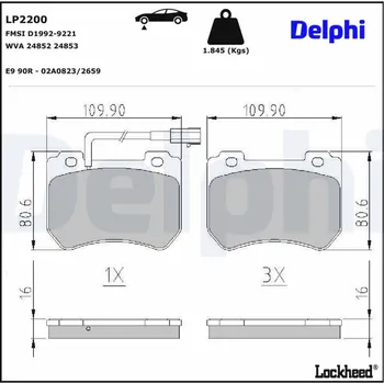 Brzdový systém Sada brzdových destiček, kotoučová brzda DELPHI LP2200