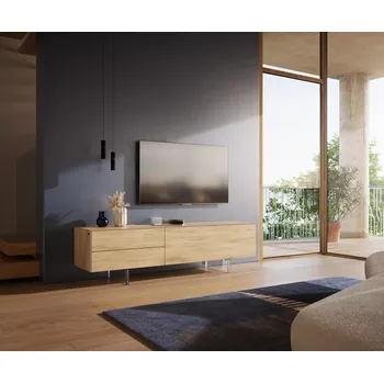 Televizní stolek DELIFE TV stolek Cuor 180 cm keramika Laminam® Sabbia dubová barva 1 výklopná dvířka 2 zásuvky podnož závěsná akrylglas