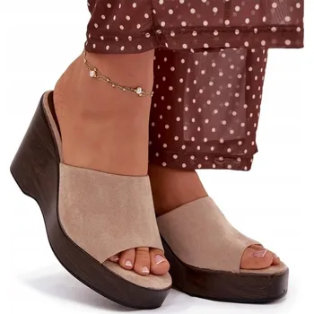 Dámské pantofle Dámské NAZOUVÁKY na klínku, PÁSEK z eko semiše, béžové, velikost 38