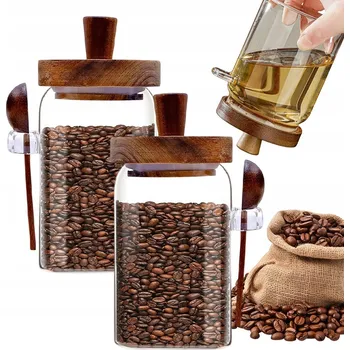 Sklenice 2x Hermetické Sklenice z Borosilikátového Skla s Dřevěným Víčkem a Lžičkou