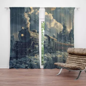 Závěs Sablio Závěsy Parní lokomotiva v zasněženém městě: 2ks 140x250cm