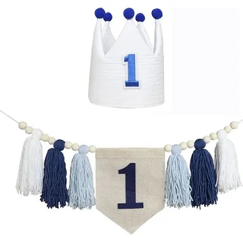 Party dekorace První narozeniny boho dekorace | dětská girlanda, narozeninová výzdoba - modrá vlajka a klobouk
