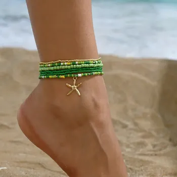 Náramek Barevný boho kotníkový náramek s korálky | šperk - Zelený