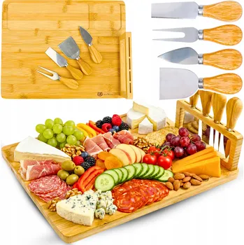 Kuchyňské prkénko PRKÉNKO NA SÝRY, SERVÍROVÁNÍ UZENIN A CHUŤOVEK, VELKÉ, ROBUSTNÍ, BAMBUSOVÉ + 4 NOŽE