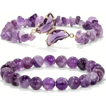 Náramek 2 ks Romantická sada minerálních motýlích náramků | dámský šperk - fialová