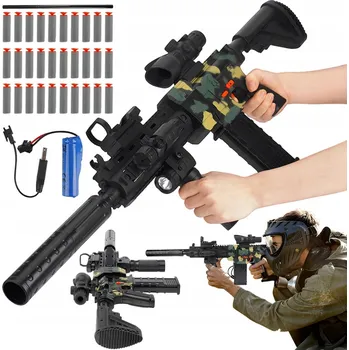 Dětská zbraň HRAČKOVÁ PISTOLE STŘÍLEJÍCÍ PĚNOVÉ NÁBOJE, DOSAH 15M, LASER + AKU