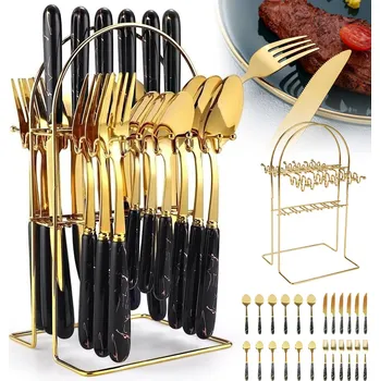 Příbor SADA PŘÍBORŮ 24 KS ČERNO-ZLATÁ NEREZOVÁ OCEL MARMOROVÝ STOJAN KRABIČKA