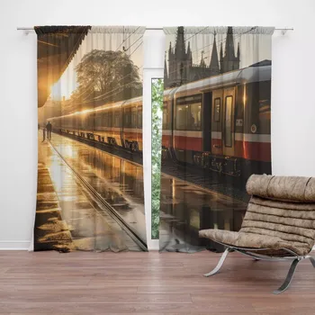 Závěs Sablio Závěsy Vlak na nádraží při východu slunce: 2ks 140x250cm