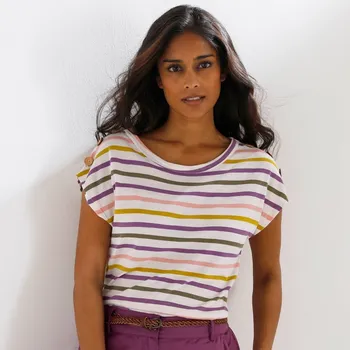 Pruhované tričko s kokosovými knoflíky na ramenou režná/fialová 42/44