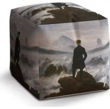 Taburet Sablio Taburet Cube Poutník nad mořem mlhy - Caspar David Friedrich: 40x40x40 cm