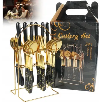 Příbor SADA PŘÍBORŮ 24 KS. OCEL ČERNÁ ZLATÁ LEŠTĚNÁ ZRCADLOVÁ S POJÍZDNÝM STOJANEM