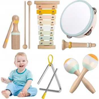Dřevěná hračka MONTESSORI HUDEBNÍ NÁSTROJE PRO DĚTI 8V1 VZDĚLÁVACÍ HUDEBNÍ STOLEK