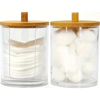 Organizér na kosmetiku Zásobník na vatové tampony s bambusovým víkem | plastová dóza, organizér do koupelny - D