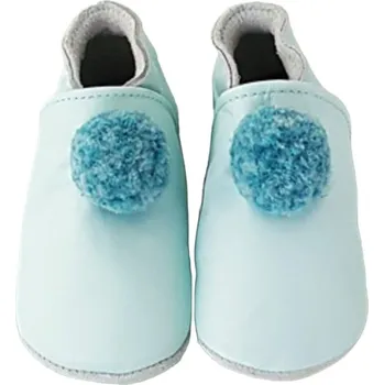 Capáčky LAIT ET MIEL Kožené capáčky modré s bambulkou 0-6 měsíců Modrá 17-18