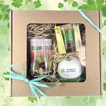 Žertovný předmět Sada pro štěstí – vypěstuj si čtyřlístek, zvonek a frťan pro štěstí – Darot