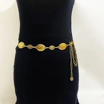 Opasek Retro kovový dámský pásek s řetízkem | pásek šperk okolo pasu - Zlato
