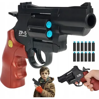 Dřevěná hračka HRAČKÁŘSKÝ REVOLVER NA 12 PĚNOVÝCH NÁBOJŮ OTOČNÝ ZÁSOBNÍK 360° PLASTOVÝ PRO DĚTI