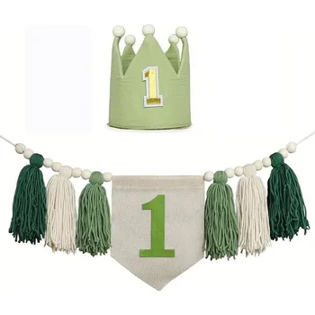 Party dekorace První narozeniny boho dekorace | dětská girlanda, narozeninová výzdoba - zelená vlajka a klobouk