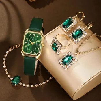Hodinky Luxusní čtvercové dámské hodinky set | dámské doplňky - Zelená 5dílná sada
