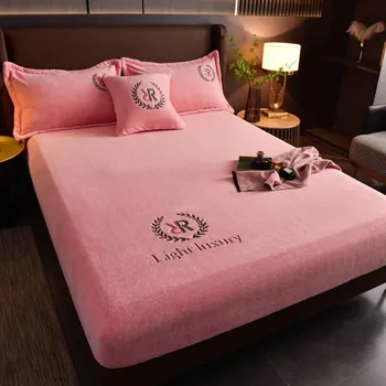 Prostěradlo Plyšové napínací prostěradlo s gumou | ložní prádlo, potah na matraci - Růžový , 140X200CM