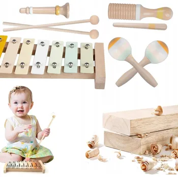 Dřevěná hračka MONTESSORI SADA HUDEBNÍCH NÁSTROJŮ PRO DĚTI DŘEVĚNÁ 6V1