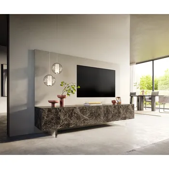 Televizní stolek DELIFE TV stolek Cuor 220 cm keramika Emperador Extra Lucidato tmavě hnědá 1 výklopná dvířka 2 zásuvky podnož závěsná akrylglas