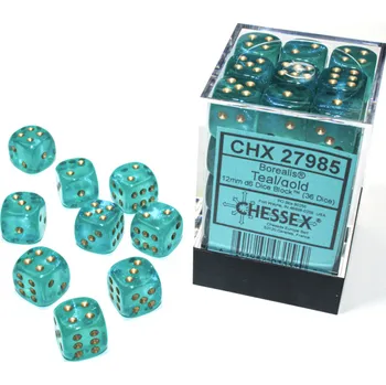 Příslušenství k deskovým hrám Chessex Sada 36 D6 12mm kostek Chessex - Borealis Teal/gold Luminary - 27985