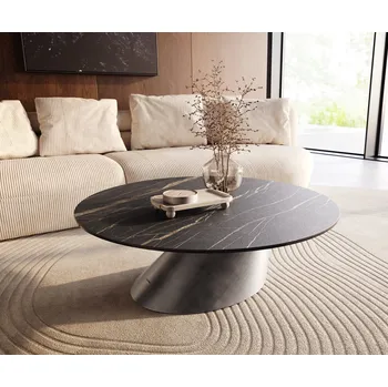 Konferenční stolek DELIFE Konferenční stolek Edge kulatý 100x100 cm keramika Laminam® Noir Desir hnědá Conis Metallic stříbrná