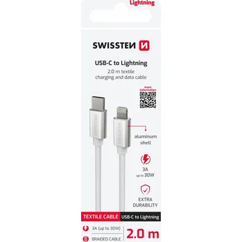 Datový kabel Datový kabel Swissten Textile USB-C na Lightning 2m stříbrný