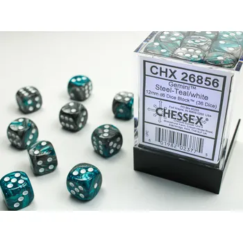 Příslušenství k deskovým hrám Chessex Sada 36 D6 12mm kostek Chessex - Gemini Steel-Teal/white - 26856