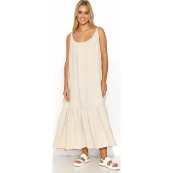 Dámské šaty Dlouhé šaty s volánem Makadamia M836 - sv. béžové Světle béžová Uni