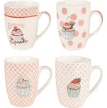 Set 4 bílo-růžových porcelánových hrnků s motivem dortíku Cupcake – 300 ml