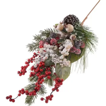 umělá květina Přízdoba Větvička 58cm smrková s šiškou a bobulemi