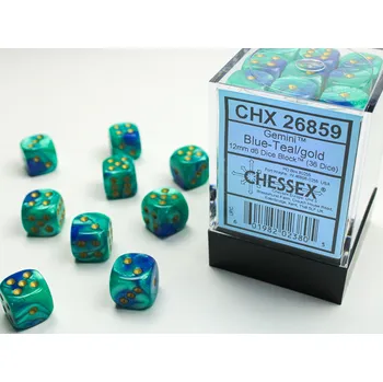 Příslušenství k deskovým hrám Chessex Sada 36 D6 12mm kostek Chessex - Gemini Blue-Teal/gold - 26859